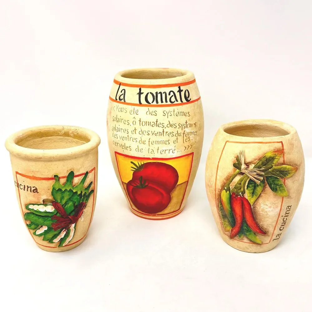 Vintage Italian Style Ceramic Kitchen Canisters Tomato Pepper Raised Relief Set